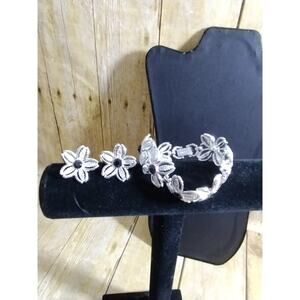 Vtg Sarah Coventry Silver Flower Black Jewel Bracelet & Clip-on Earrings (jb3)